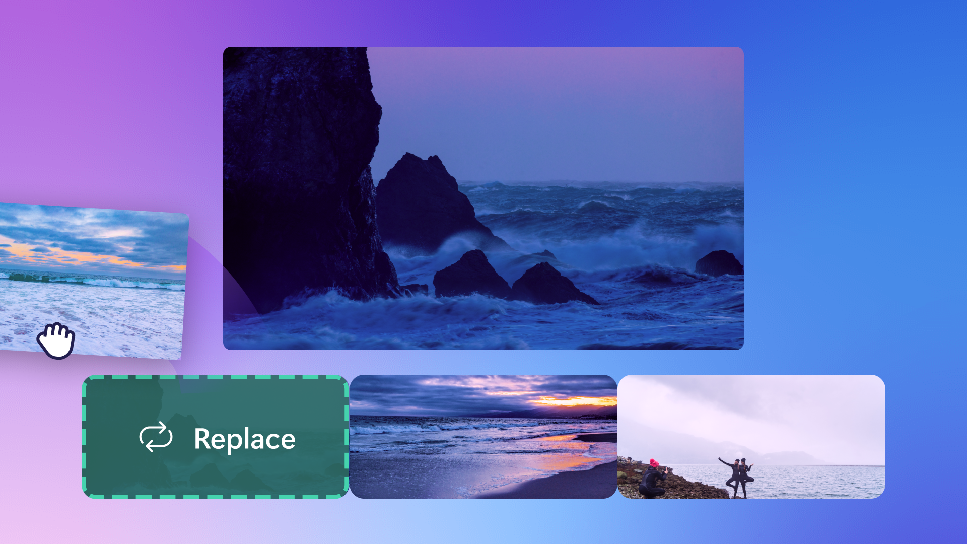 An image representing slideshow video editing in Clipchamp where a video is being replaced with drag and drop feature.